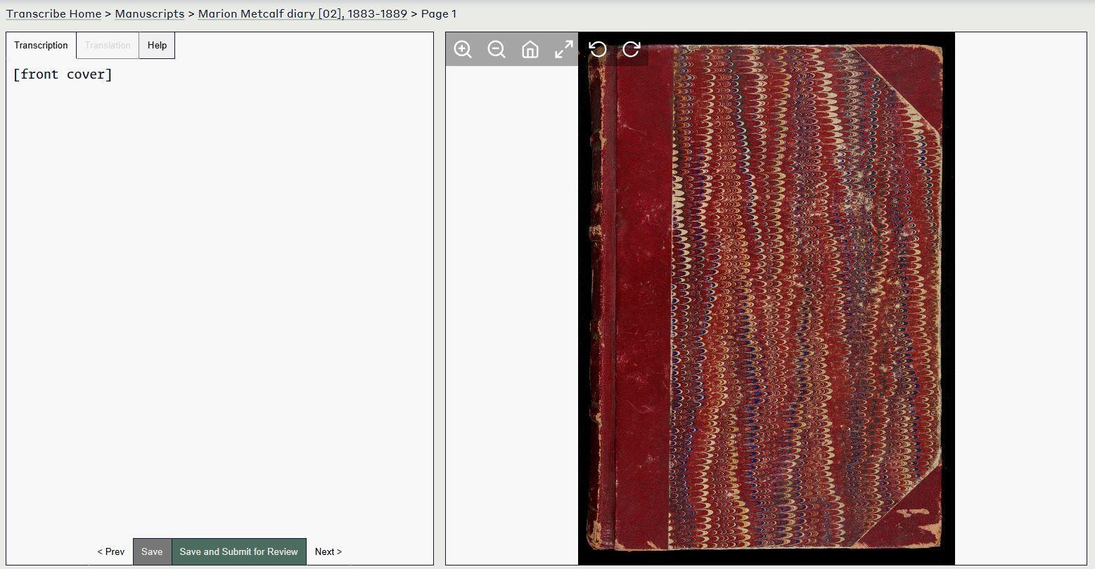 screenshot of Marion Metcalf diary transcribe page