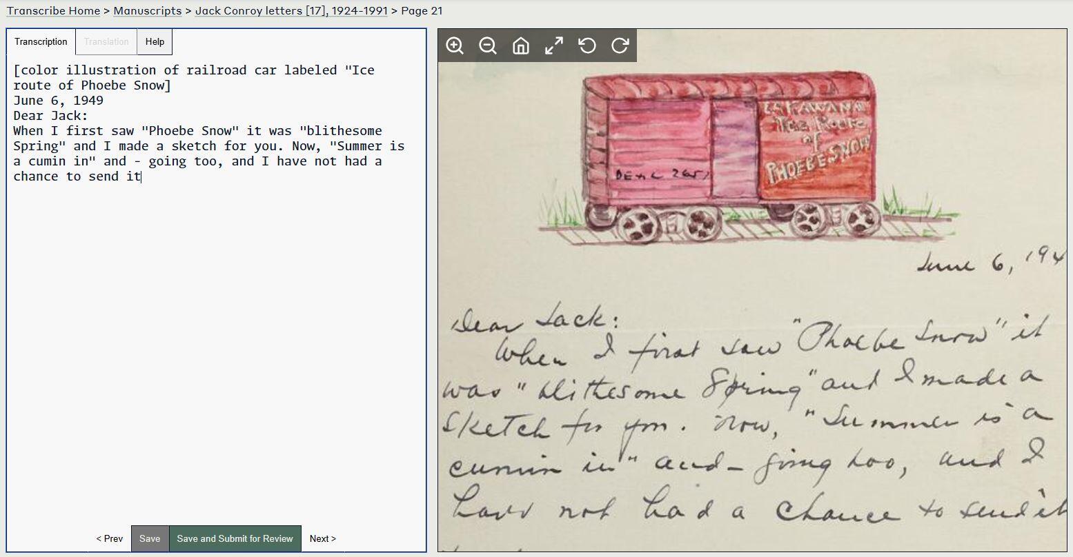 screenshot of Jack Conroy letters transcribe page