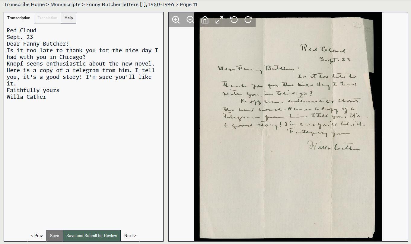 screenshot of Fanny Butcher letters transcribe page